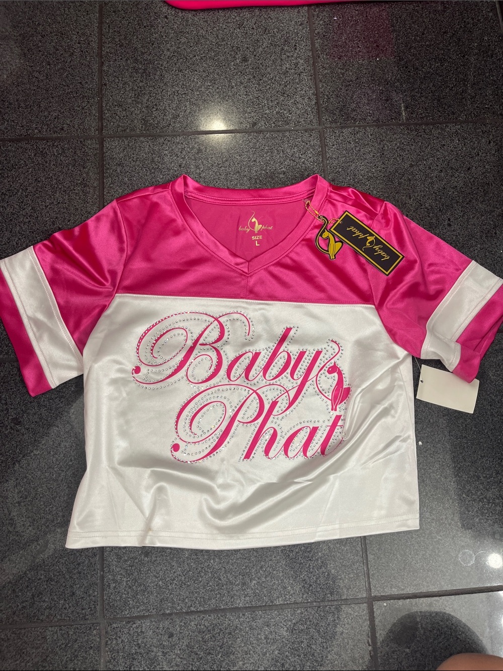 Baby Phat Hot Pink & White Rhinestone Logo V-Neck Tee
